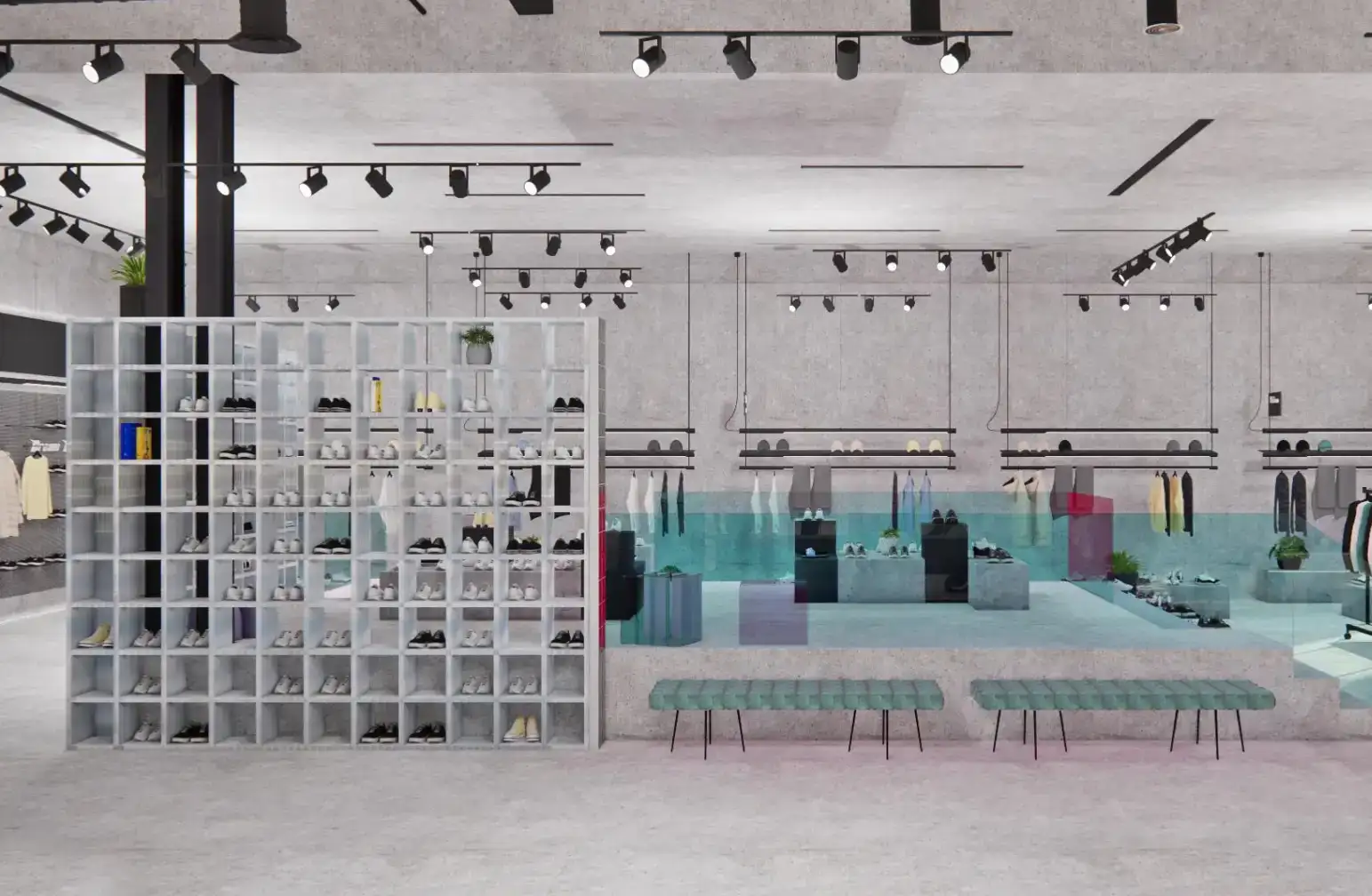 Interiorismo comercial Dream Town Madrid, estantería modular para calzado y zona de espera, diseño de interiores para tiendas