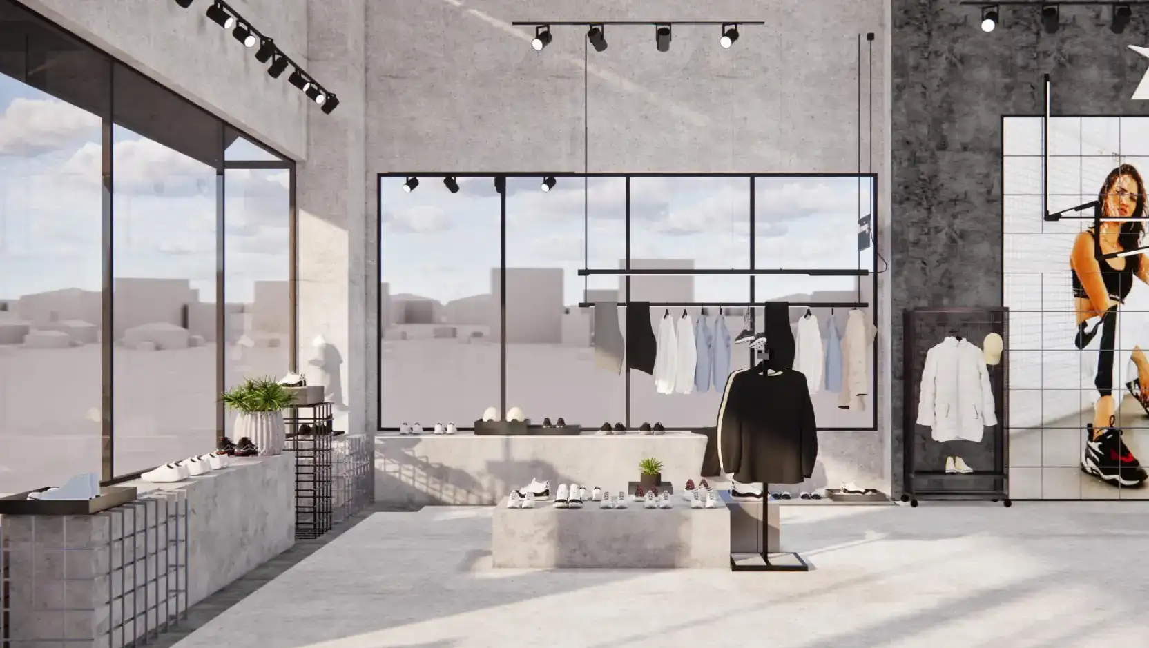 Interiorismo comercial Dream Town en Madrid, exposición de ropa y calzado con luz natural, diseño de interiores para tiendas y escaparate moderno
