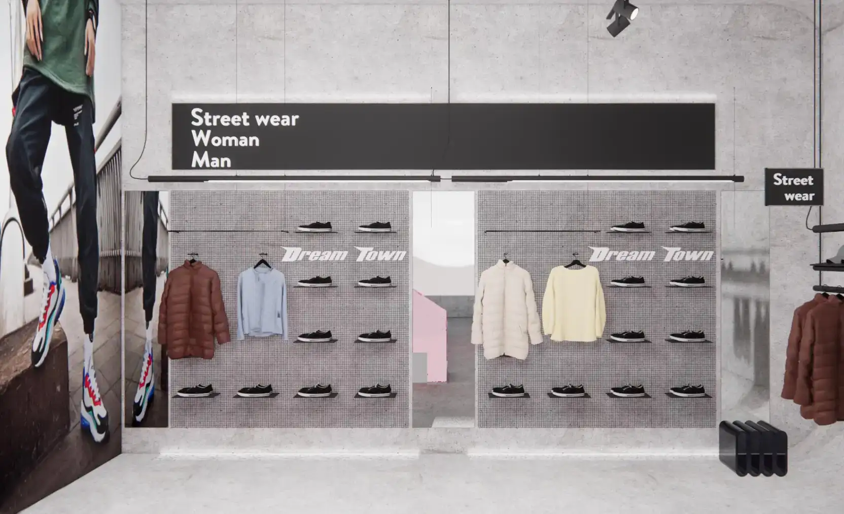 Interiorismo comercial Dream Town en Madrid, sección street wear para mujer y hombre, diseño de interiores para tiendas y visual merchandising