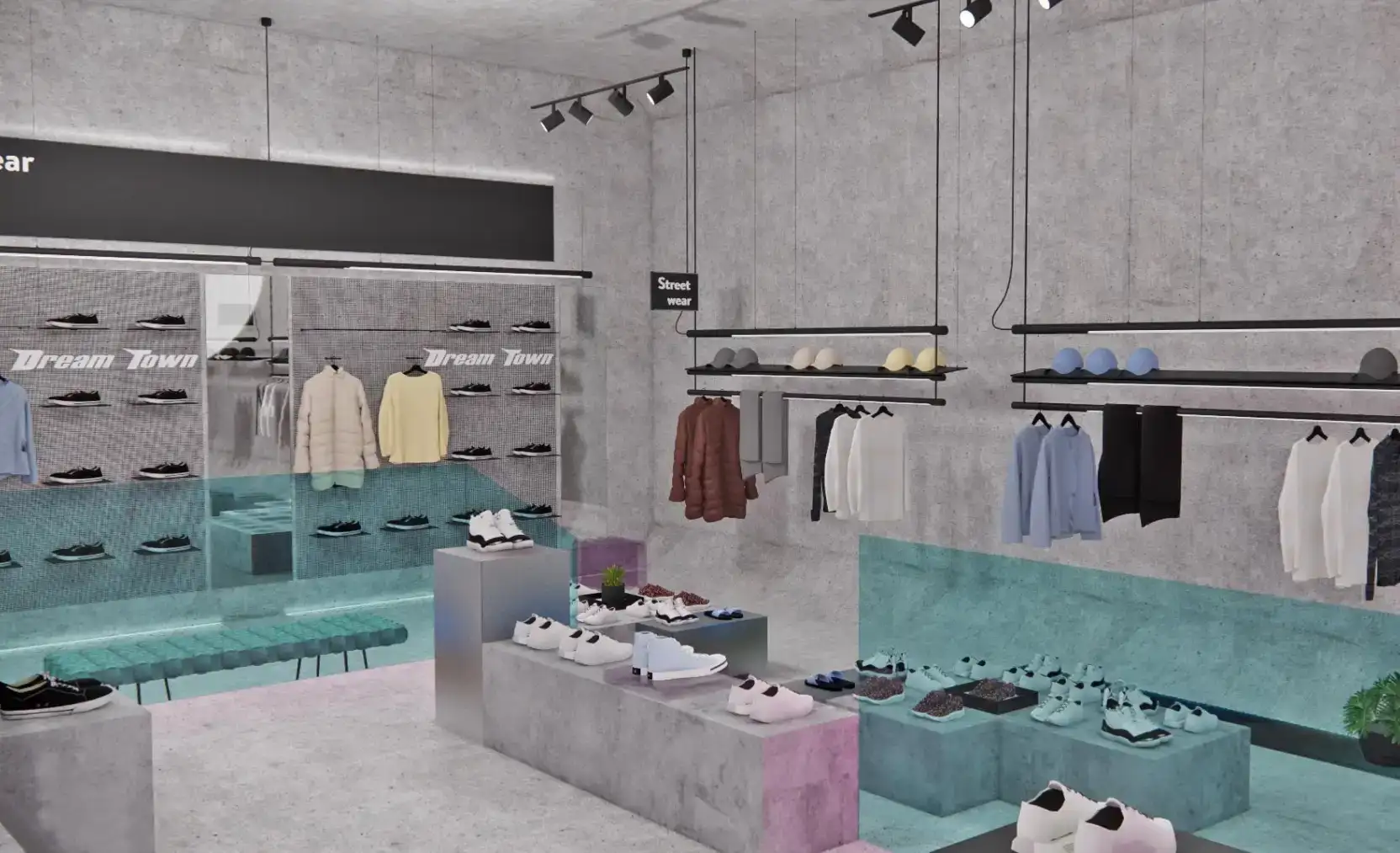 Vista general de interiorismo comercial Dream Town Madrid, diseño de interiores para tiendas, mobiliario expositivo y sección street wear