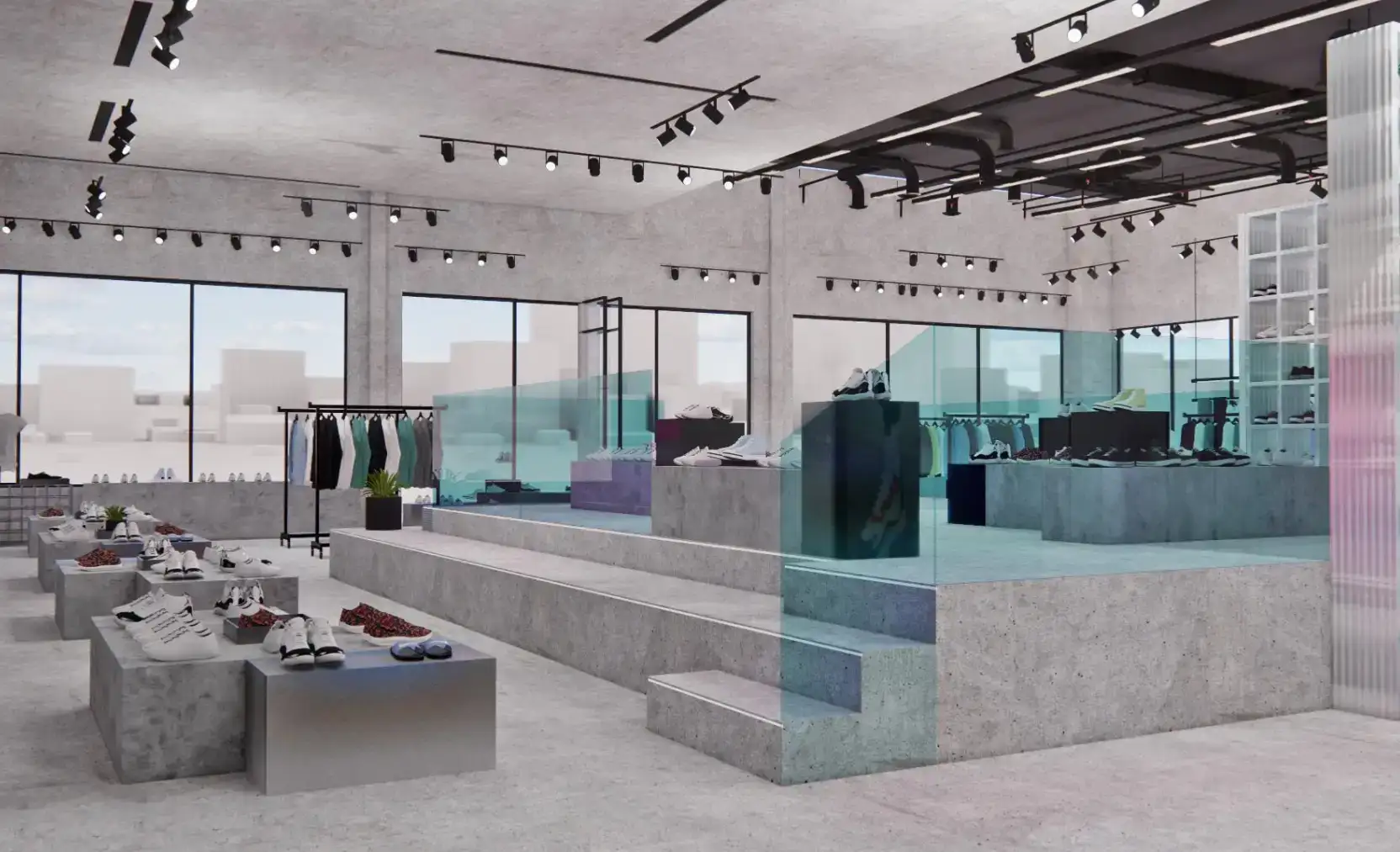 Proyecto de interiorismo comercial para tienda Dream Town en Madrid, mobiliario moderno y exposición de ropa y calzado, empresa de decoración de interiores en Madrid